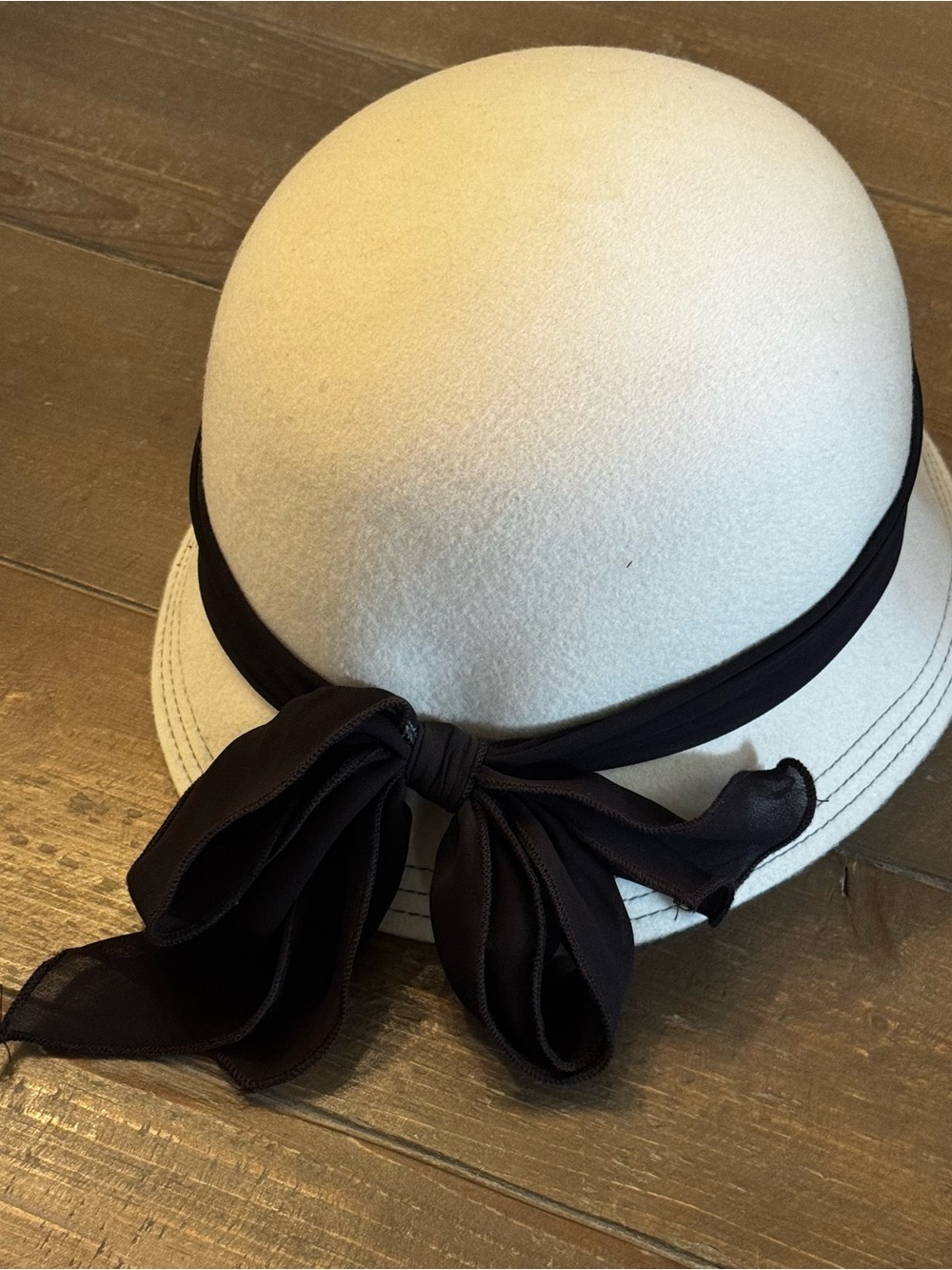 100% Wool Cloche-Style Boutique Hat – (Ivory + Ribbon Detail)